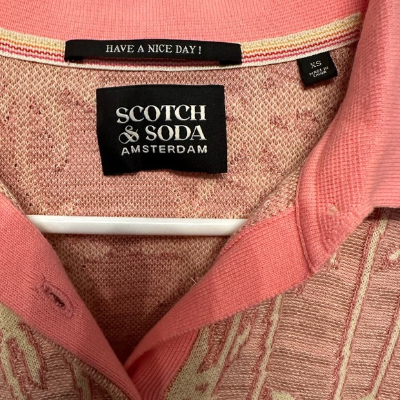 Scotch & Soda Pink and Cream Palm Tree Pattern Knit Polo XS - Picture 3 of 5